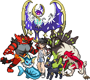 gen-5 style sprite of a customized sun/moon female protagonist alongside a lunala, incineroar, zygarde, umbreon, vaporeon, and midnight lycanroc